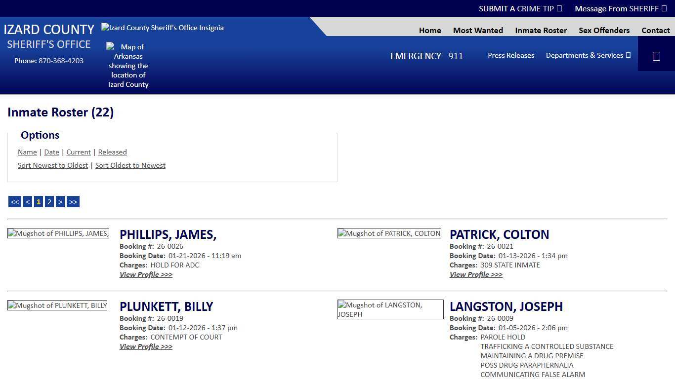 Inmate Roster - Current Inmates Booking Date Descending - Izard County Sheriff AR